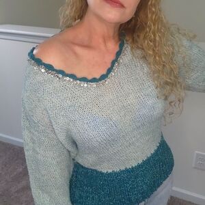 Turquoise blue green sequin crochet v-neck semi sheer sweater by Venus SZ L